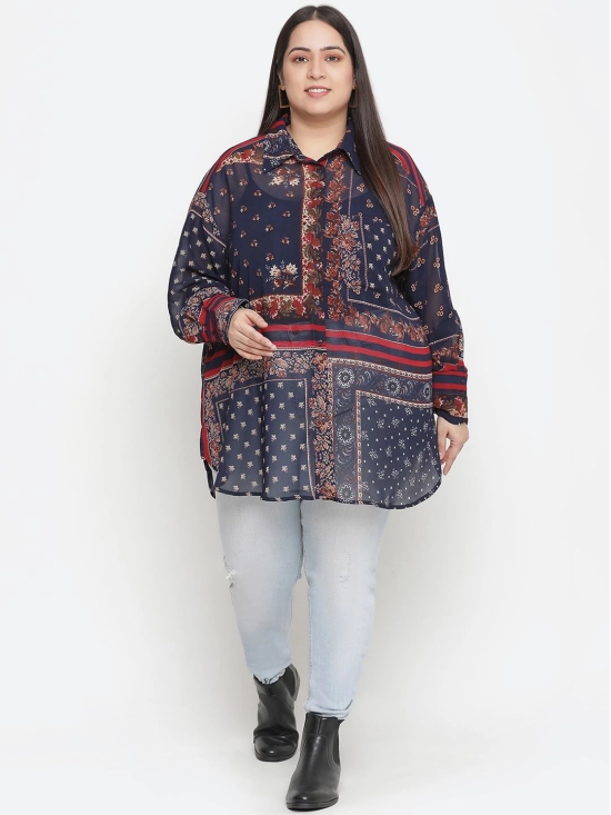 Oxolloxo Women Plus Size Navy Blue & Red Comfort Printed Casual Shirt