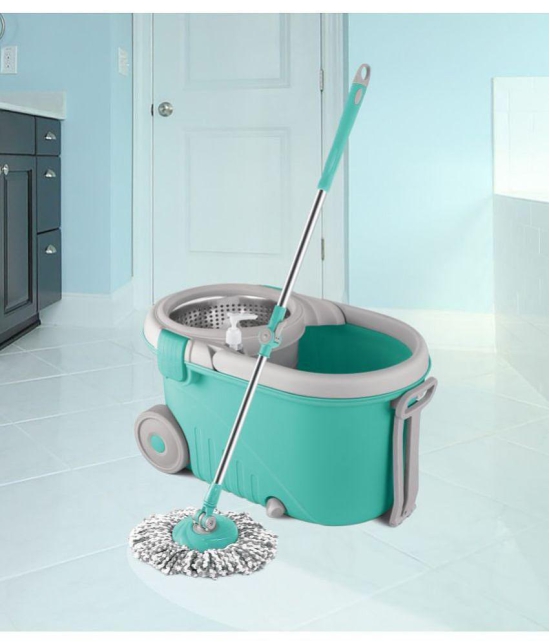 Spotzero by Milton Royale Steel Wringer Spin Mop With Big Wheels (Aqua Green, 2 Refills) - Sea Green