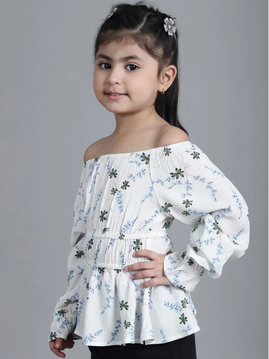 MINI & MING Girls Floral Printed Off-Shoulder Puff Sleeves Gathered Bardot Top