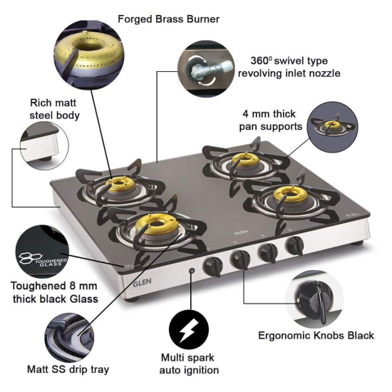 Glen 4 Burner Gas Stove 1042 GT Forged Brass Burner Auto Ignition