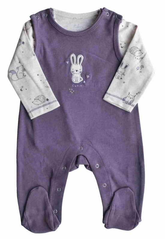 White Squirrel Rabbit Printed T-Shirt with Purple Long Romper set with Feet