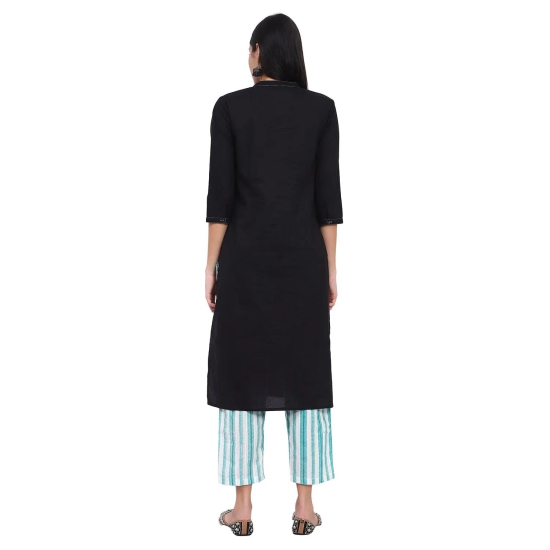 Black Cotton Kurta Blue Striped Pants Kurta-L