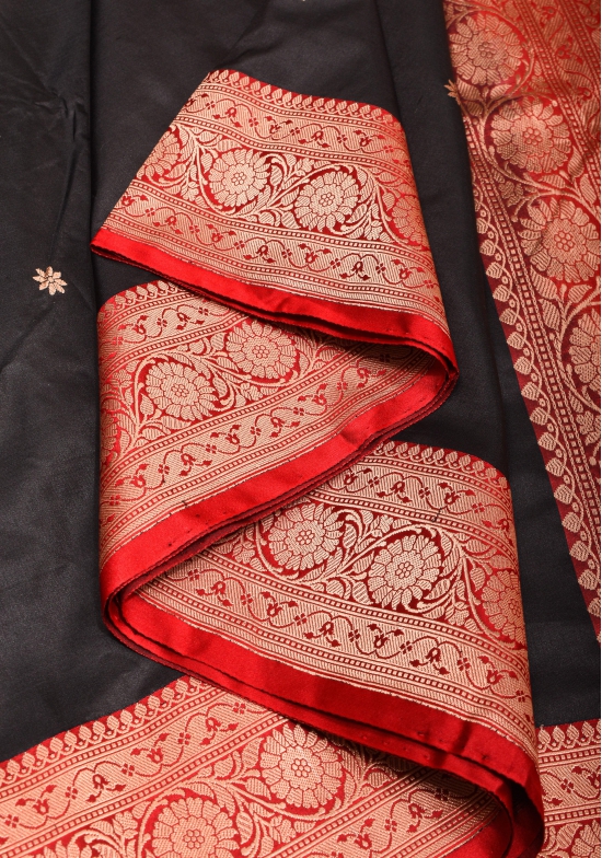 Black and Red Authentic Katan Silk Banarasi Saree with Chunri Buttis and Koniya Motifs | SILK MARK CERTIFIED