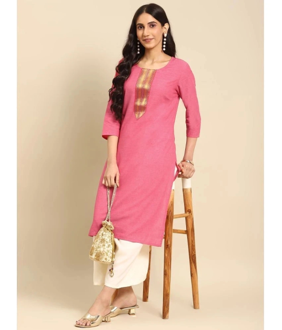 Rangita Women 100% Cotton Pink Zari Tape Placket Knee Length Straight Kurti - None