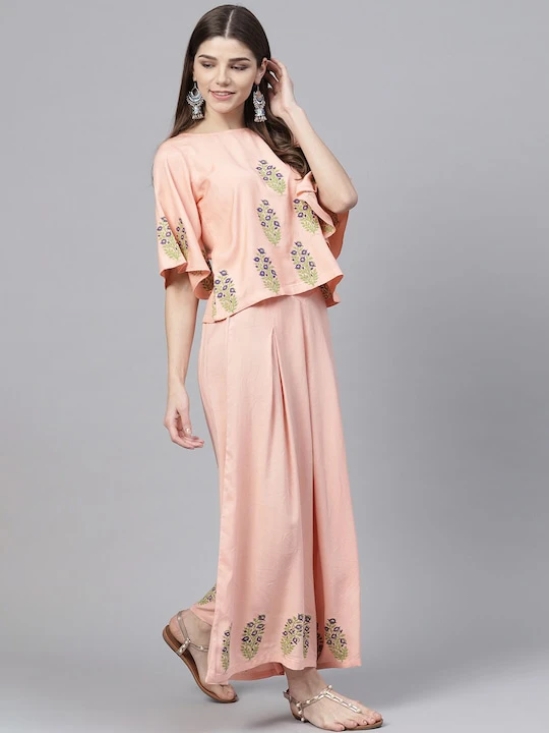 Peach-Coloured & Blue Block Printed Flared Top with Palazzos Set