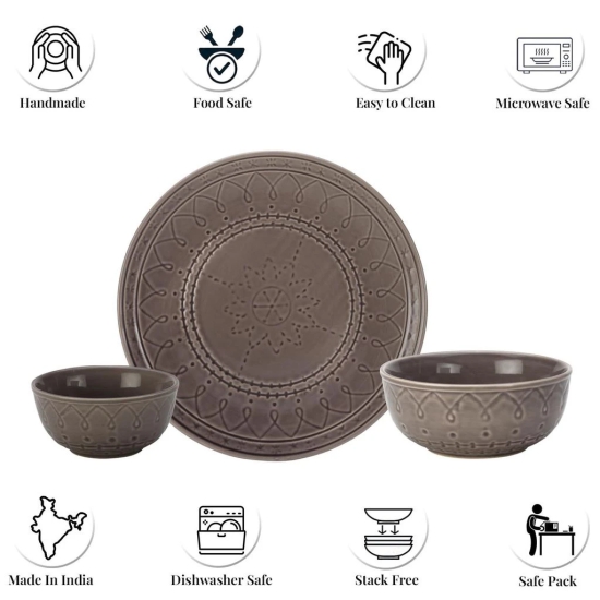 Aadeep Handcrafted Emboss Stoneware Ceramic Dinner Set, 10 Pieces Dish Set Serving for 4, Microwave and Dishwasher Safe, Bone-ash Free, Crockery Set for Dining and Gifting, Ash Grey