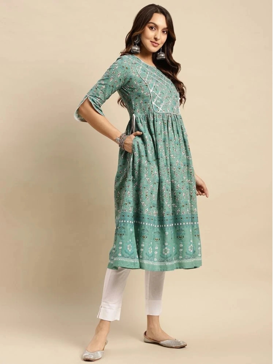 Rangita Women 100% Cotton Teal Gota Lace At Yoke Calf Length Kurti Gathered At Waist - None