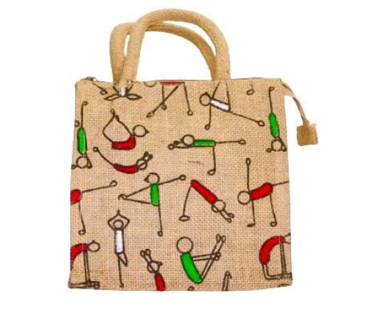 Eco-Friendly Jute Reusable Unique Printed Bag ideal for Tiffin Grocery Fruits Vegetable with Hard Grip Handle Big Reusable Hravy quality Bag for Men Women