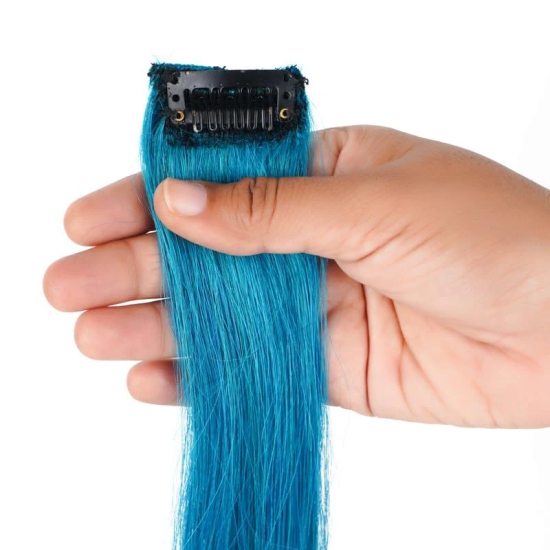 RefynHair - 100% Natural Human Hair Extensions Wigs | Teal Color Streax | 20 Inches | Pack of 1 | Streaks Highlighter For Women And Girls | Rainbow Color Hair Extensions for Festival Party