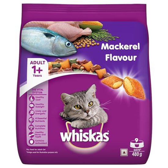 Whiskas Mackerel Dry Cat Food for Adult Cats 480 Gms