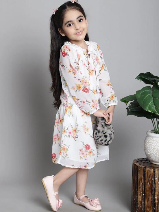 MINI & MING Girls Floral Print Tie-Up Neck Puff Sleeve A-Line Dress