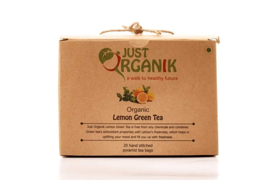 Just Organik Lemon Green Tea - 20 Hand stitched pyramid tea bags, 100% Organic