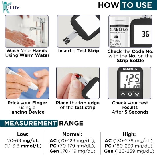 K-Life Gluneo lite Fully Automatic Blood Glucose Sugar Testing Machine with 100 Strips (black)