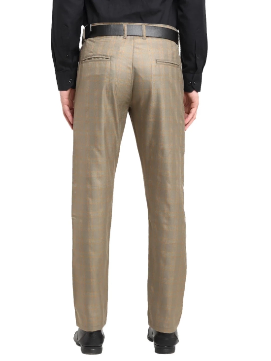 Indian Needle Men's Brown Cotton Checked Formal Trousers-30 / Brown