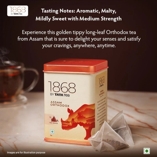 1868 by Tata Tea Assam Orthodox Tea Bags, Premium Black Tea with Malty Taste and Flavour, 15 Tea Bags