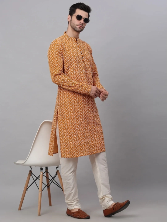 Men's Mustard & White Embroidered Straight Kurtas-S / Mustard