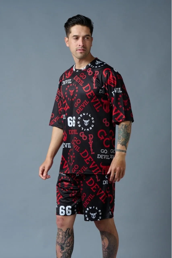 Go Devil 66 All over print (in Red) Black Polyester Co-ord Set for Men XL