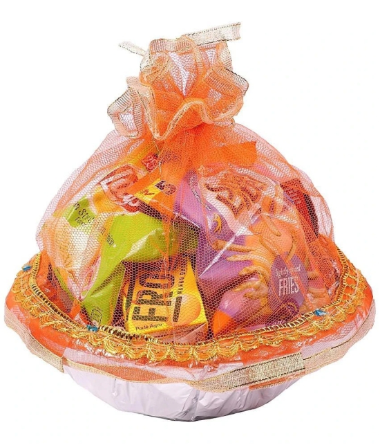 PRANSUNITA Handmade Decorated Gift Basket with Readymade Net Packing – (Size 12 inch round) - Fancy Gift Packaging for Room Hampers, Wedding Packing, Fruit, Dry fruit, Birthday, Baby Shower