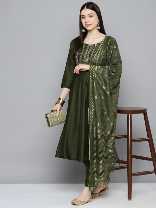 Sequin, zari embroidered flaired kurta with pants and dupatta-S / Green