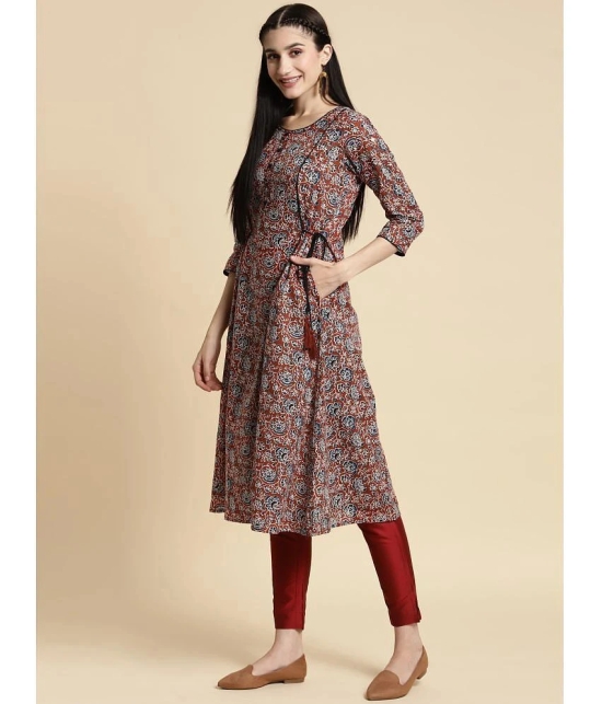 Rangita Women 100% Cotton Rust Floral Printed Calf Length Kalidar Kurti With Side Tie Ups - None