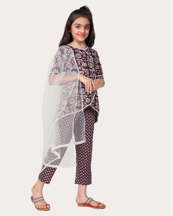 Designer Cotton Print Work Kid Top Bottom With Dupatta Purple-Purple / 8 - 9 Years