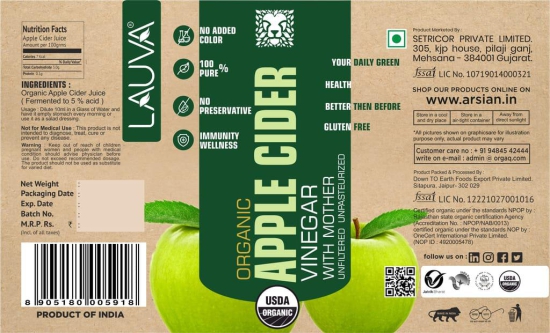 Lauva Organic Raw Apple Cider Vinegar - with strand of mother