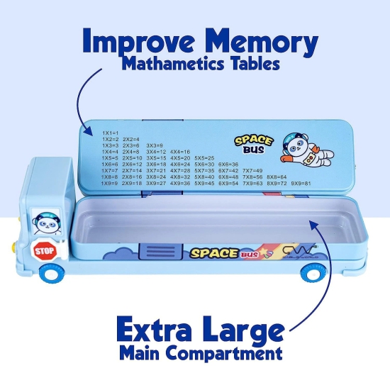 Uttamrobotics Denzcart Cartoon Printed School Bus Matal Pencil Box with Moving Tyres and Sharpner for Kids - Blue