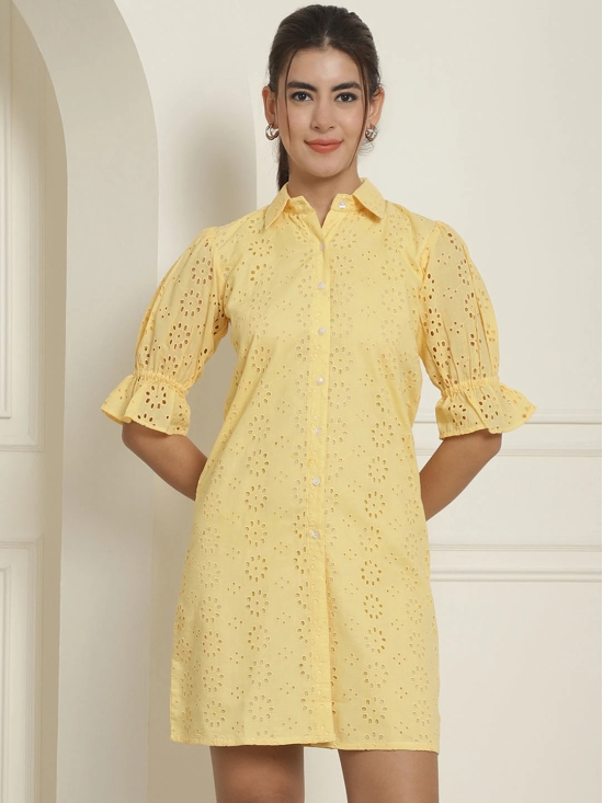 Embroidered Cotton  Dress for Women-M / Yellow