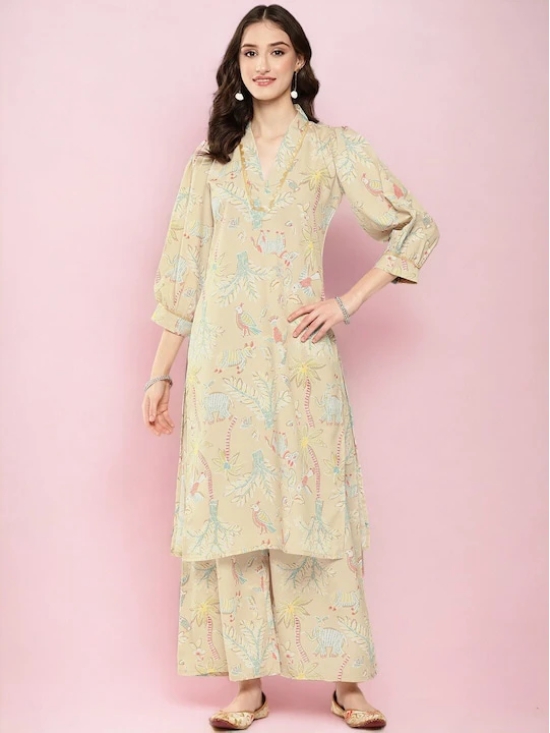 Cream Floral Printed Gotta Patti Straight Kurta With Palazzo