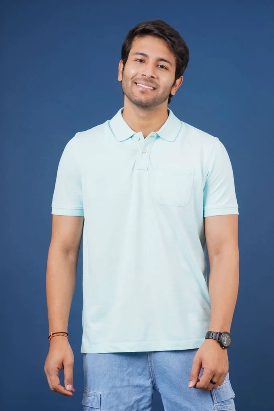 Men's Water Blue Pocket Polo T-Shirt