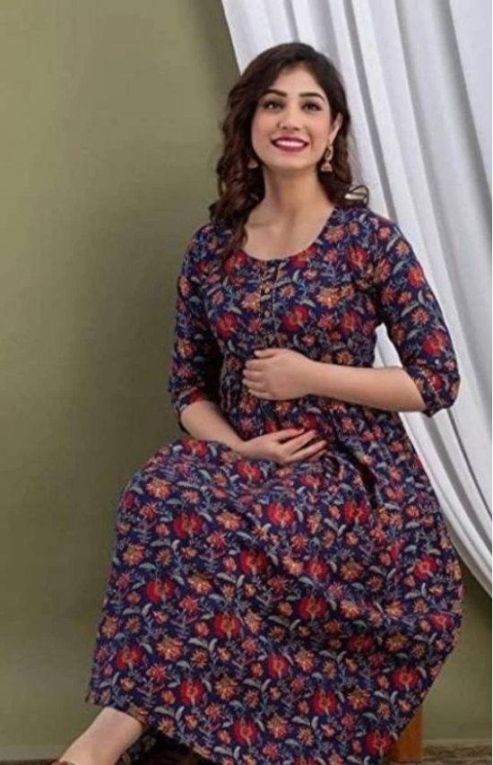 Women Floral Print Pure Cotton Anarkali Kurta  (Dark Blue)