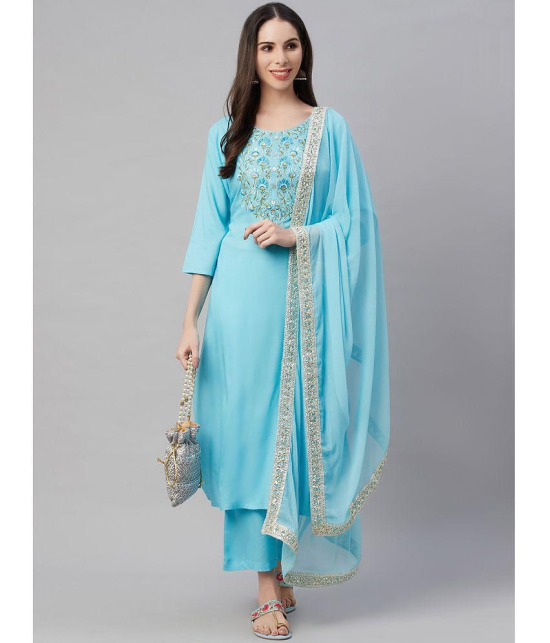 AMIRA'S INDIAN ETHNICWEAR - Blue Straight Rayon Women's Stitched Salwar Suit ( Pack of 1 ) - None