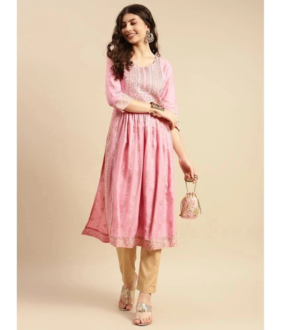 Rangita Women Rayon Pink Yoke Embroidered Calf Length Kurti Gathered At Waist - None