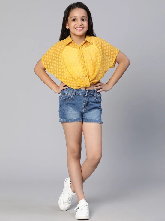 Oxolloxo Girls Yellow Self Design Shirt Style Crop Top