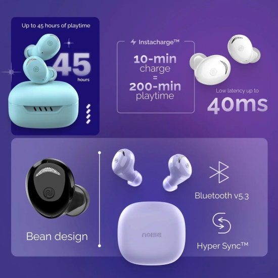 Noise Buds Trance with 45 Hrs Playtime, Low Latency (up to 40ms), HyperSync, and IPX5 Bluetooth Headset True Purple