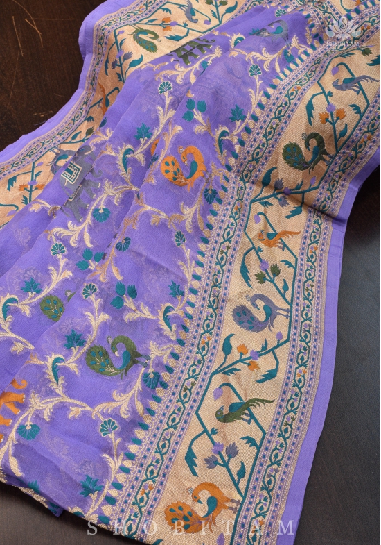 Paithani Design Four color Meenakari Shikkaargah Jaal on Pure Silk Georgette Lavender Saree | SILK MARK CERTIFIED