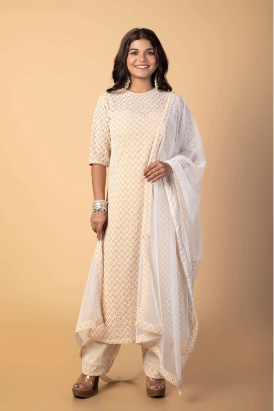  Dewdrop Beige Embroidered Kurta Set-M