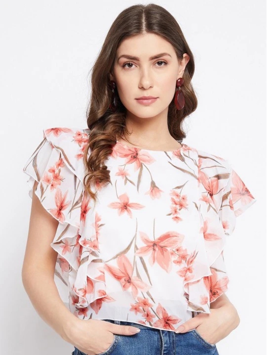 White Floral Printed Georgette Flutter Sleeves Top