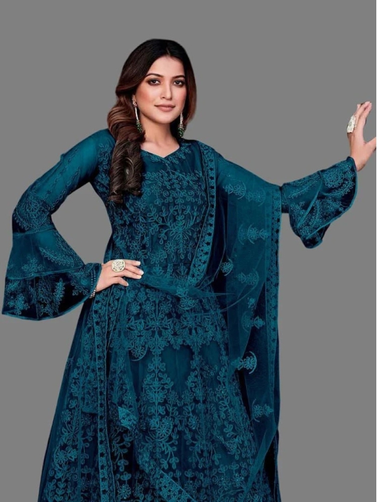 Apnisha Teal Flared Net Womens Semi Stitched Ethnic Gown ( Pack of 1 ) - None