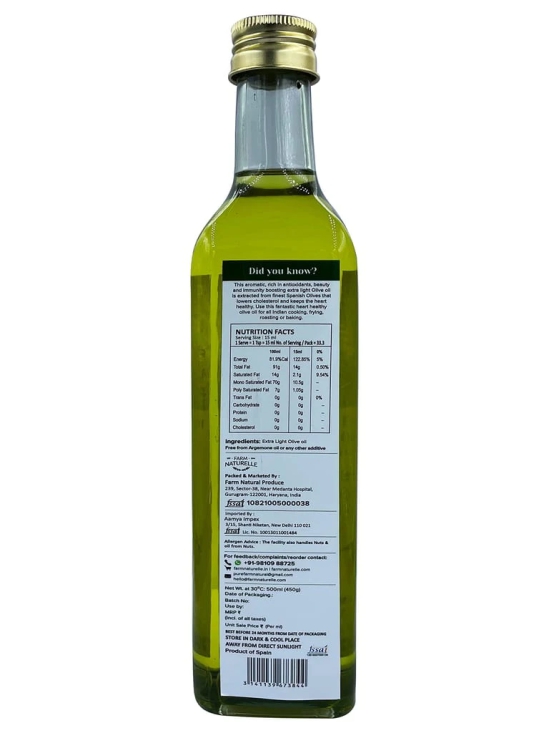 Farm Naturelle Extra Light Olive Oil 500ml (Glass Bottle)| Ideal for Indian Cooking | Edible Premium Grade, Deep Frying, Roasting | Shallow Fry-Spanish Olive Oil (500ml (Glass Bottle)