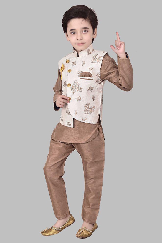 Arshia Fashions - Brown Silk Blend Boys Indo Western Kurta & Pajama with Jacket Set ( Pack of 1 ) - None