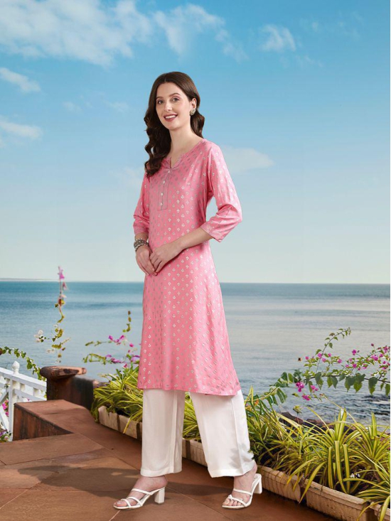 Rangita Women Rayon Pink Printed Calf Length A-line Kurti - None