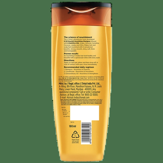 Loreal Paris 6 Oil Nourish Shampoo - Scalp + Hair, Dry & Dull Hair, 180 Ml