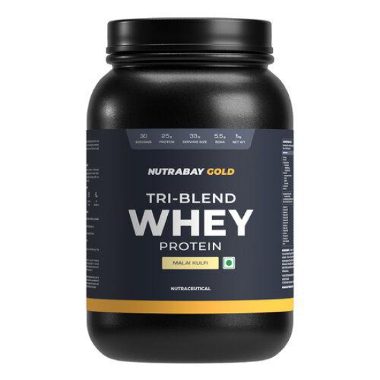 Nutrabay Gold Tri Blend Whey Protein Powder - 1kg, Malai Kulfi | 25g Protein, 5.5g BCAA | Concentrate, Isolate, Hydrolyzed Protein | Muscle Growth & Recovery | Gym Supplement for Men & Women