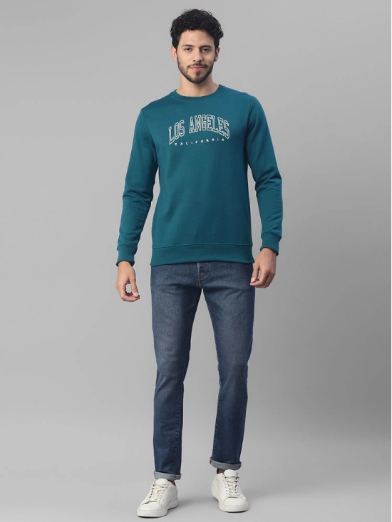 UrbanMark Men Regular Fit Printed Full Sleeves Round Neck Fleece Sweatshirt-Teal Blue - None