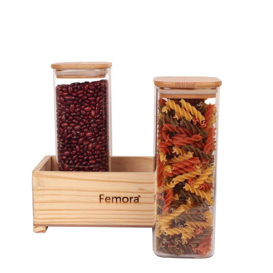 Femora Borosilicate Glass Jar 1000 ML, 2 pcs, with Wooden Tray