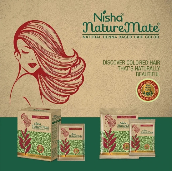 Nisha Nature Mate Henna Based Hair Color Natural Brown 90g Pack of 2 No Ammonia, No PPD, No Peroxide, 100% Grey Coverage