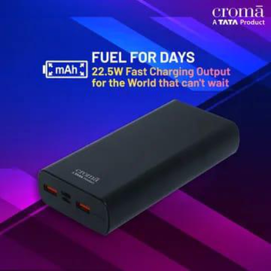 Croma 10000 mAh 22.5W Fast Charging Power Bank (2 Type A, 1 PD Type C & 1 Micro USB Port, Aluminium Casing, Apple Compatible, Black)