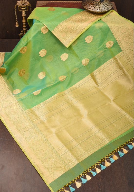 Green and mustard Dual Tone Exquisite Banarasi Organza Silk Saree with Zari Motifs | SILK MARK CERTIFIED