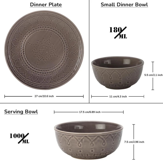 Aadeep Handcrafted Emboss Stoneware Ceramic Dinner Set, 10 Pieces Dish Set Serving for 4, Microwave and Dishwasher Safe, Bone-ash Free, Crockery Set for Dining and Gifting, Ash Grey